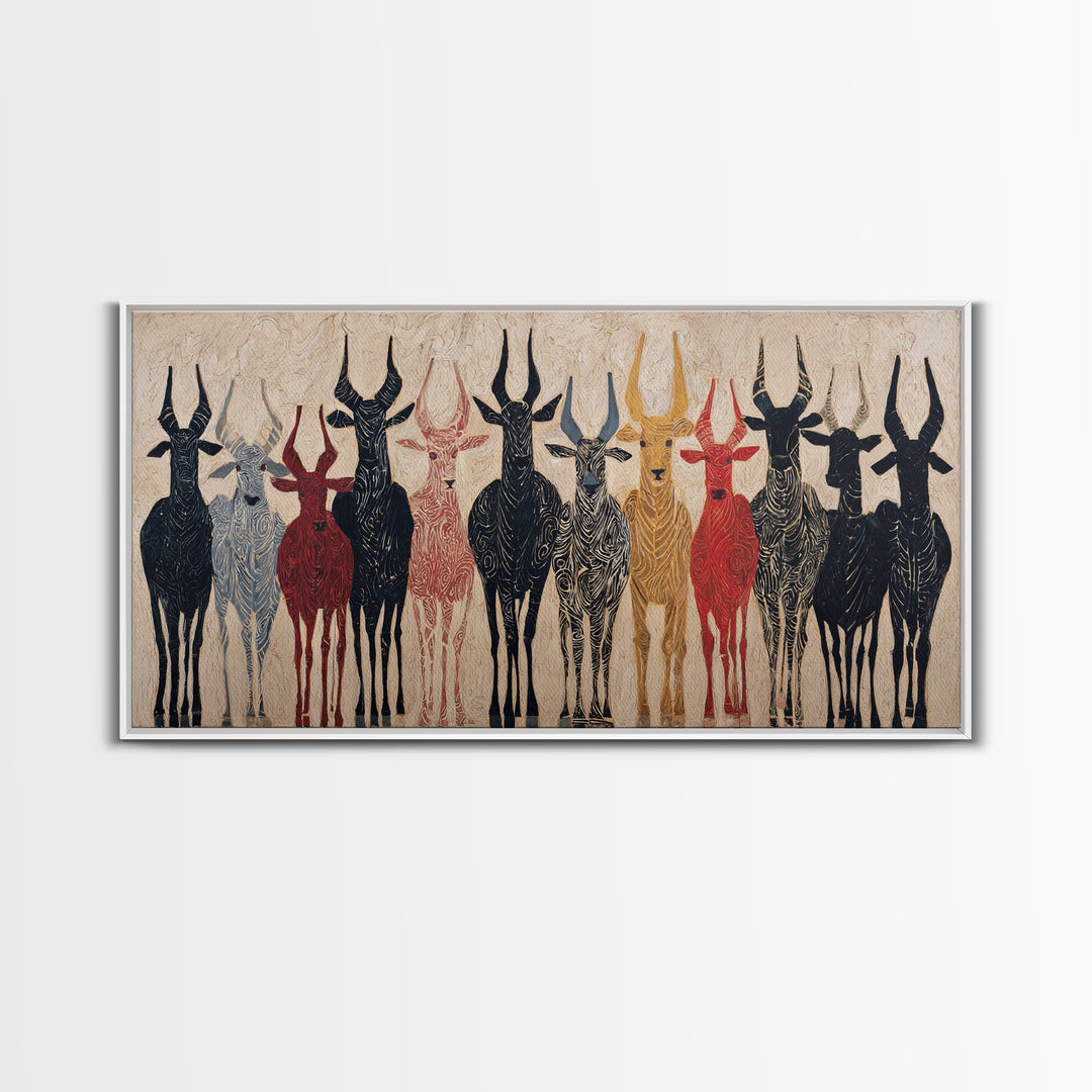 Tribal Antelope Herd Wall Art, African Tribal Art Canvas Print, Earth Tone Safari Decor, Bold Ethnic Wall Decor Gift For Home