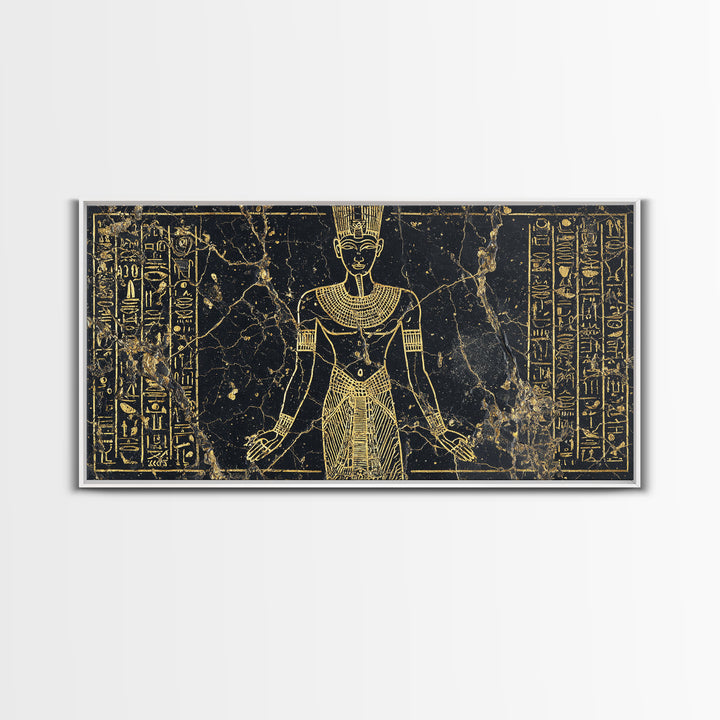 Gold Egyptian Queen Wall Art, African Egyptian Art Canvas Print, Hieroglyph Goddess Portrait, Black And Gold Home Decor Gift
