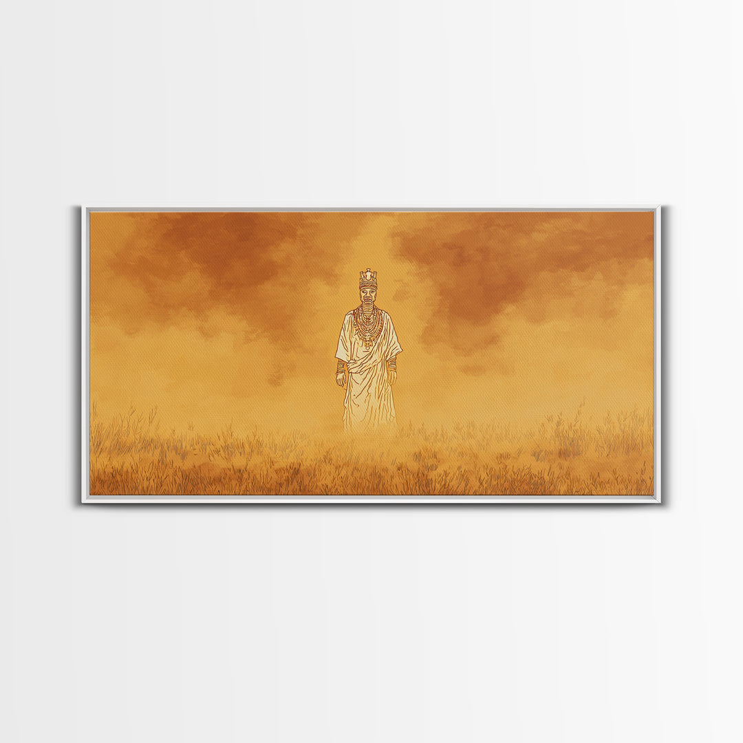 Golden African Spirit Figure Canvas Print, Mystical Savanna Landscape, Earth Tone Afrocentric Decor, Spiritual Wall Art Gift