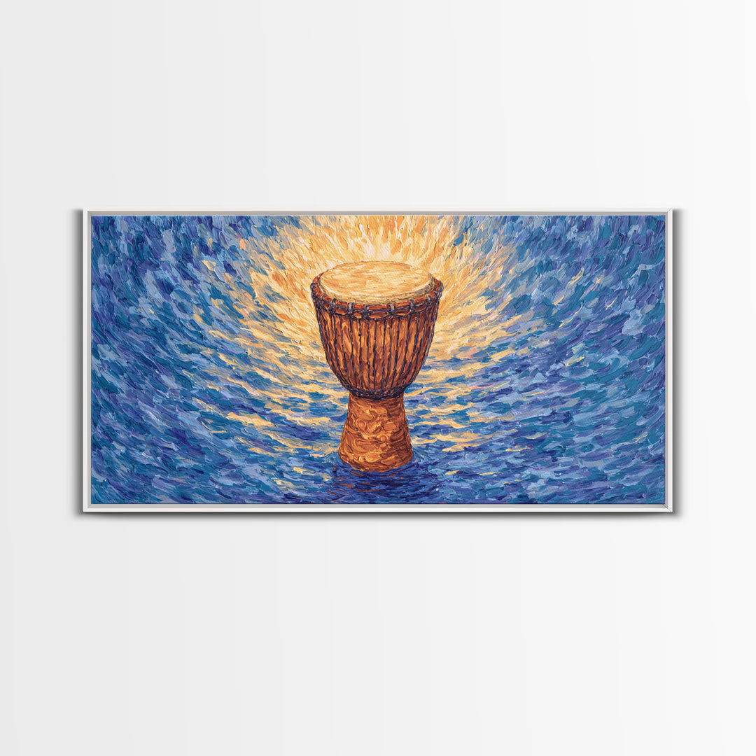 Solo Djembe Drum Framed Canvas Print, African Music Wall Art, Blue Gold Cultural Decor, Afrocentric Rhythm Gift For Living Room