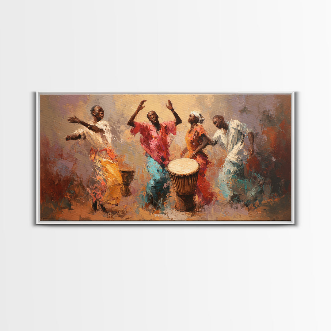 Joyful African Dancers With Drum Wall Art, Abstract Afrocentric Painting, Colorful Cultural Decor, Music Room Canvas Gift
