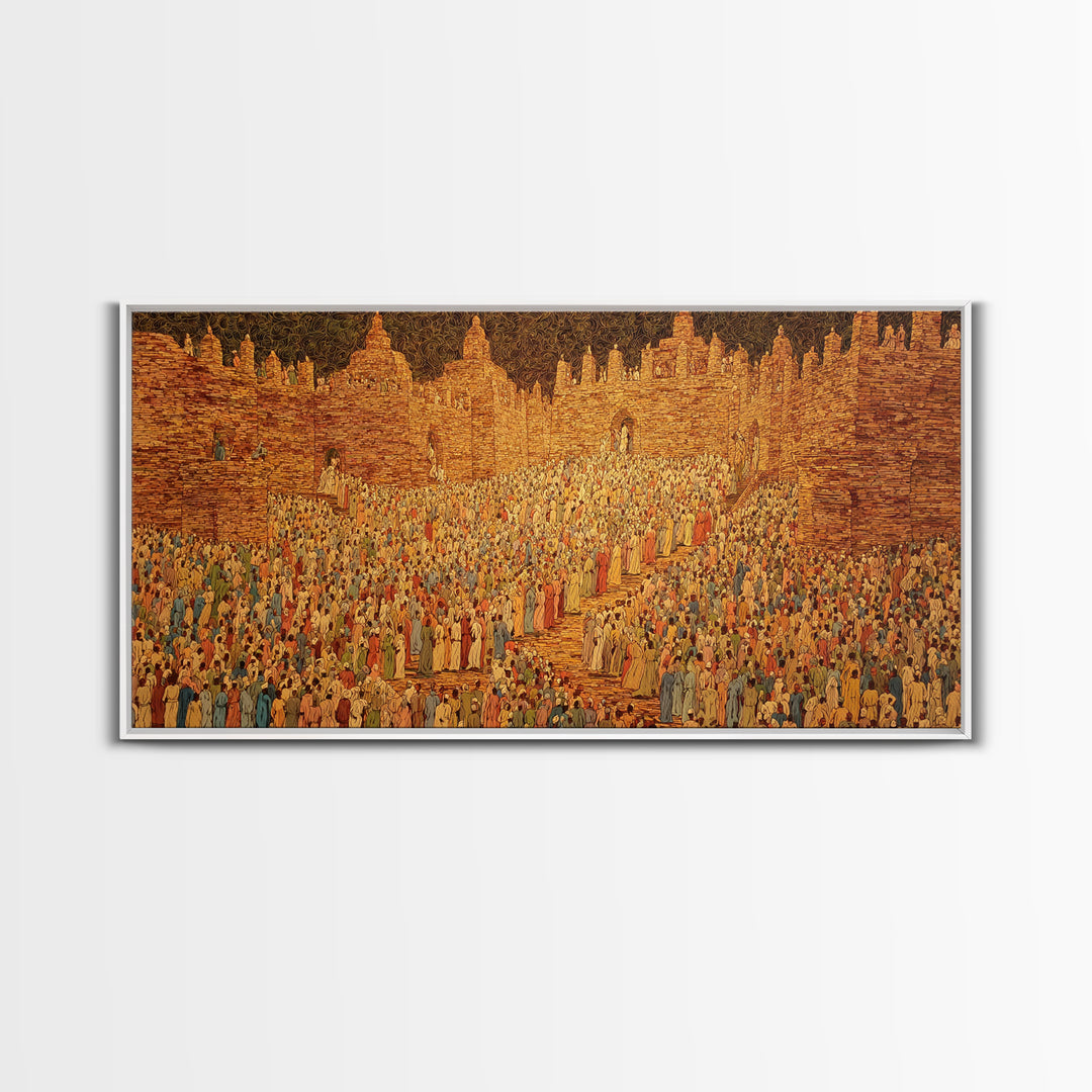Golden West African City Crowd Canvas Print, Abstract Cultural Wall Decor, Ancient Architecture Art, Warm Earth Tone Gift