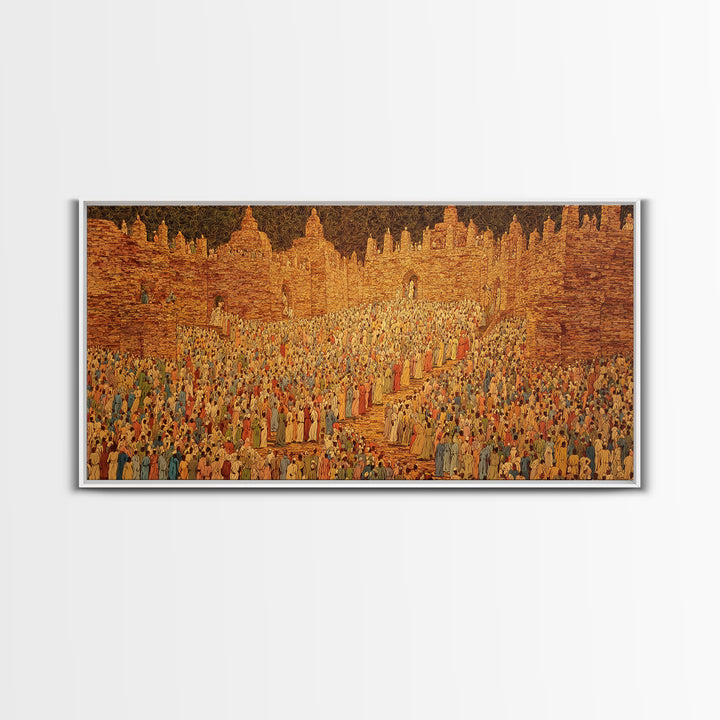 Golden West African City Crowd Canvas Print, Abstract Cultural Wall Decor, Ancient Architecture Art, Warm Earth Tone Gift