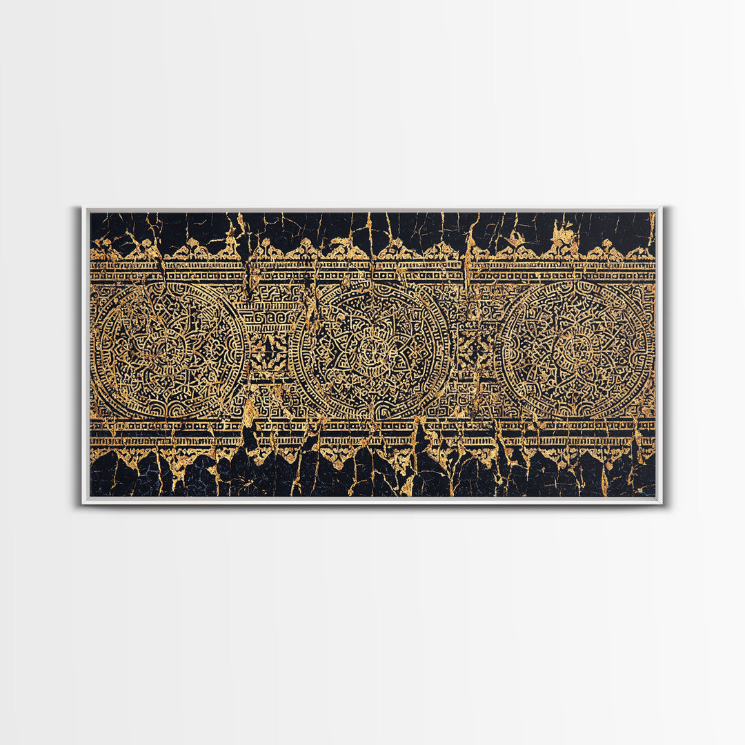 Gold Tribal Pattern Wall Art, African Abstract Textile Print, Black And Gold Decor, Boho Ethnic Home Decor Canvas Print Gift