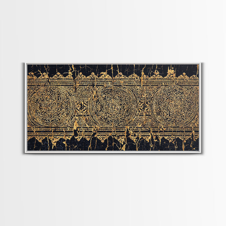 Gold Tribal Pattern Wall Art, African Abstract Textile Print, Black And Gold Decor, Boho Ethnic Home Decor Canvas Print Gift