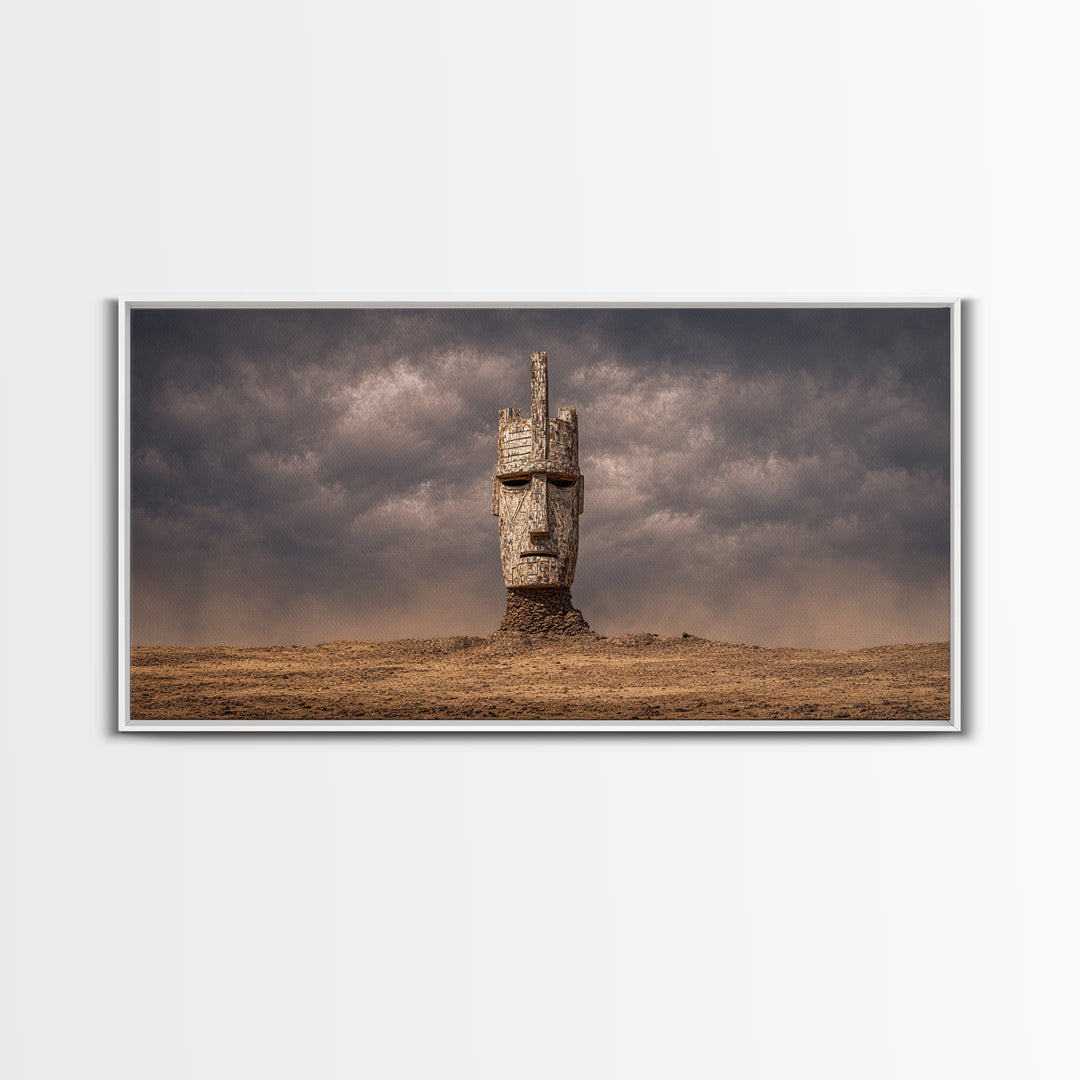 Weathered African Mask Framed Canvas Print, Desert Storm Sculpture Portrait, Tribal Wall Art, Mystical Cultural Decor Gift