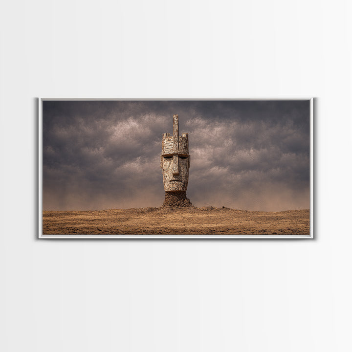 Weathered African Mask Framed Canvas Print, Desert Storm Sculpture Portrait, Tribal Wall Art, Mystical Cultural Decor Gift
