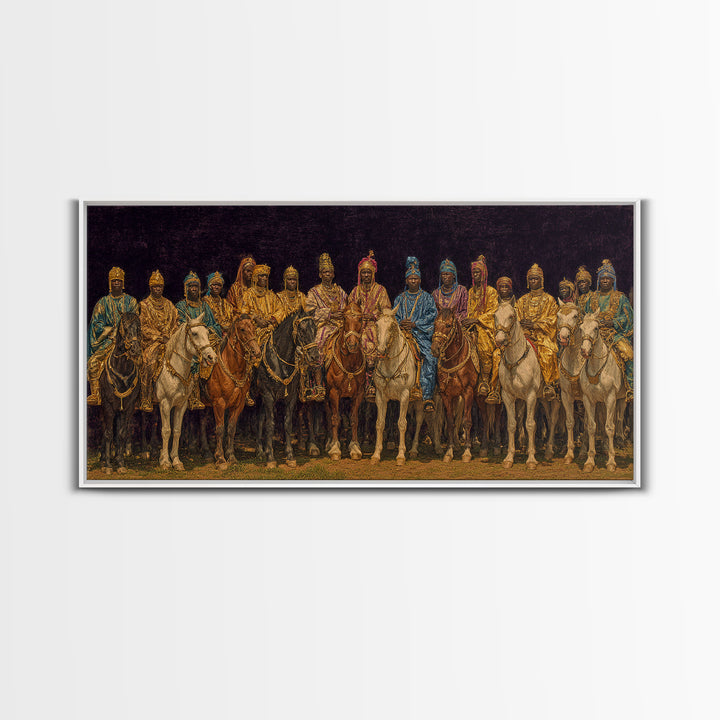 Golden African Royal Horsemen At Night Wall Art, Luxury Afrocentric Canvas Print, Traditional Tribal Decor, Statement Piece