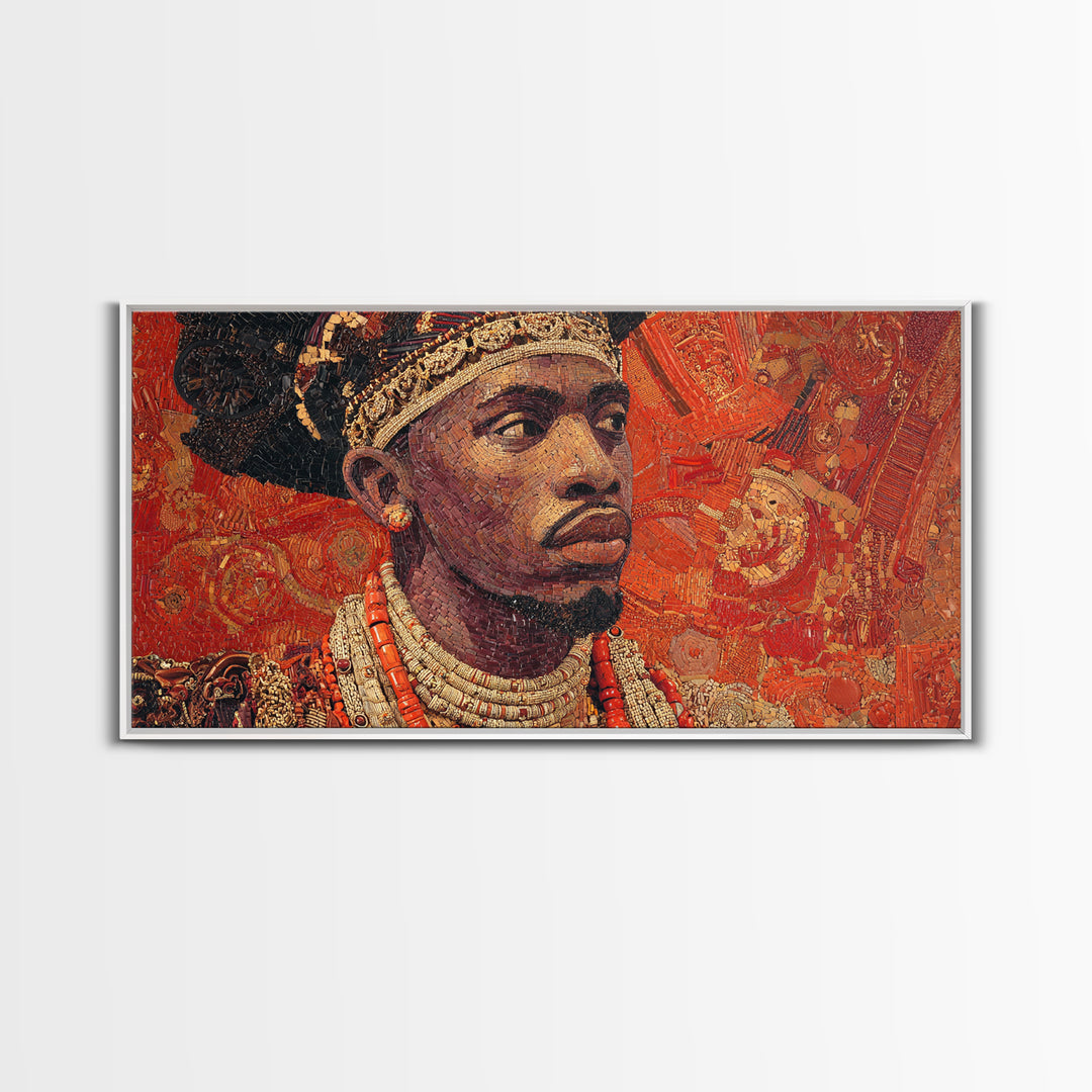 Ornate African Royal Man Portrait Framed Canvas Print, Afrocentric Black Art, Gold Jewelry Canvas, Cultural Heritage Wall Art