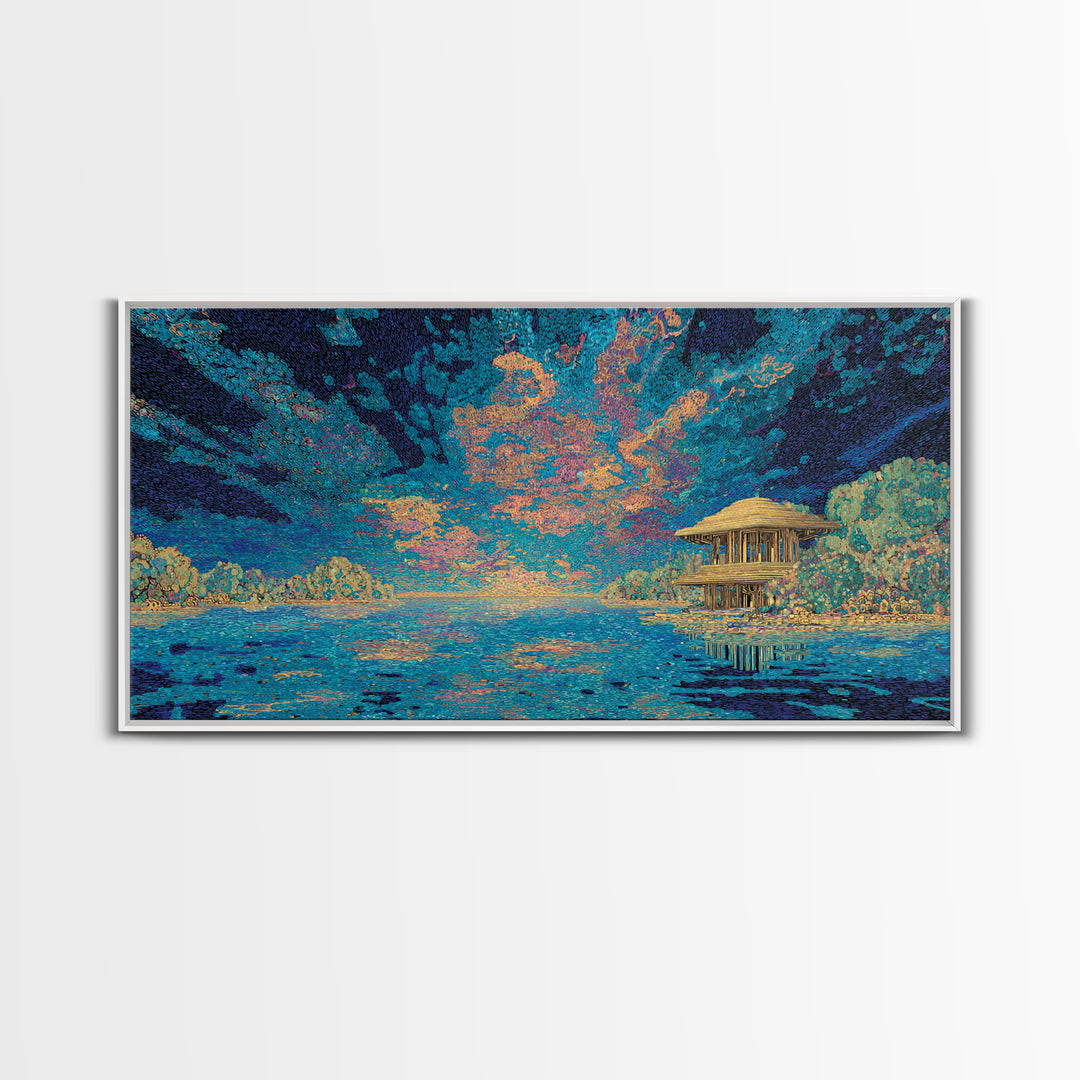 Moonlit Tropical Lagoon Hut Wall Art, Blue Coastal Landscape Canvas, Modern African Inspired Home Decor, Dreamy Living Room Art