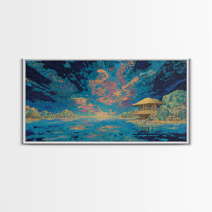 Moonlit Tropical Lagoon Hut Wall Art, Blue Coastal Landscape Canvas, Modern African Inspired Home Decor, Dreamy Living Room Art