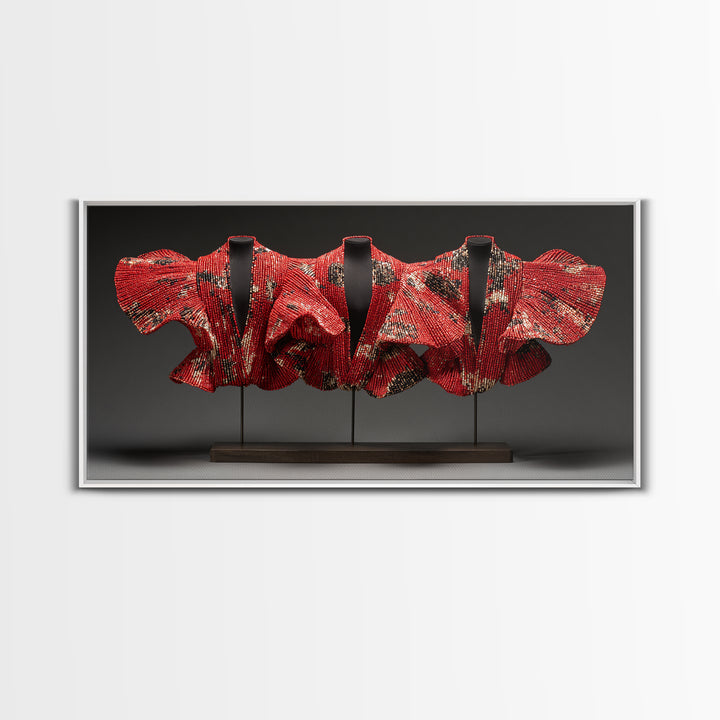 Red Ankara Textile Sculpture Framed Canvas Print, African Fabric Wall Decor, Bold Afrocentric Art For Elegant Modern Home