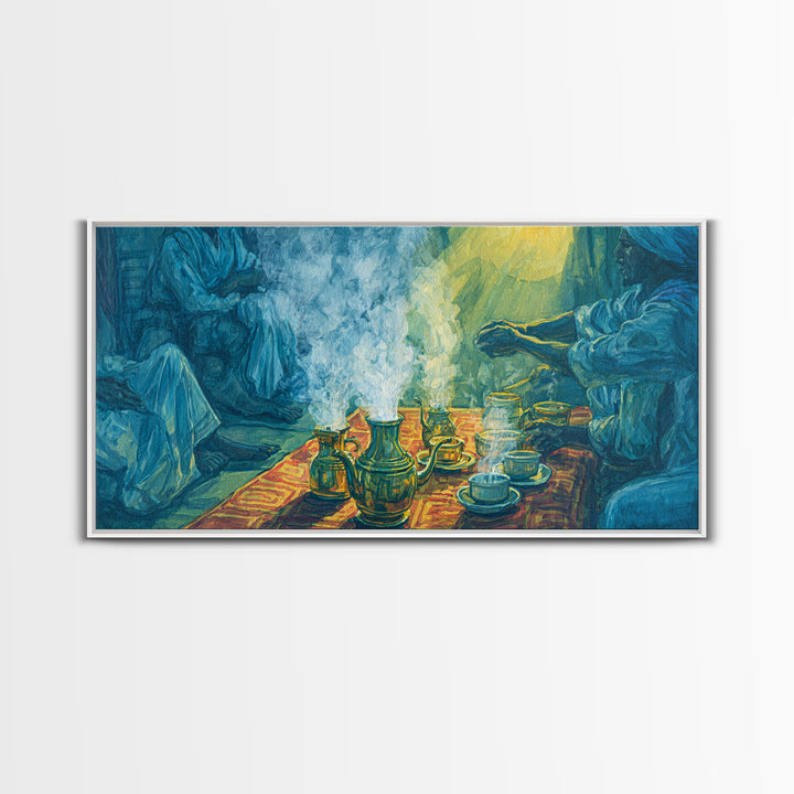Blue Smoky Tea Ceremony Canvas Print, African Culture Art, Spiritual Wall Decor, Traditional Gathering Painting For Living Room