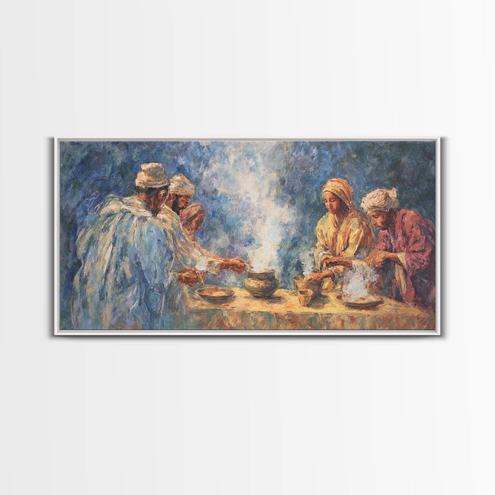 Traditional African Tea Ceremony Framed Canvas Print, Blue Robe Gathering Painting, Cultural Wall Decor For Boho Living Room
