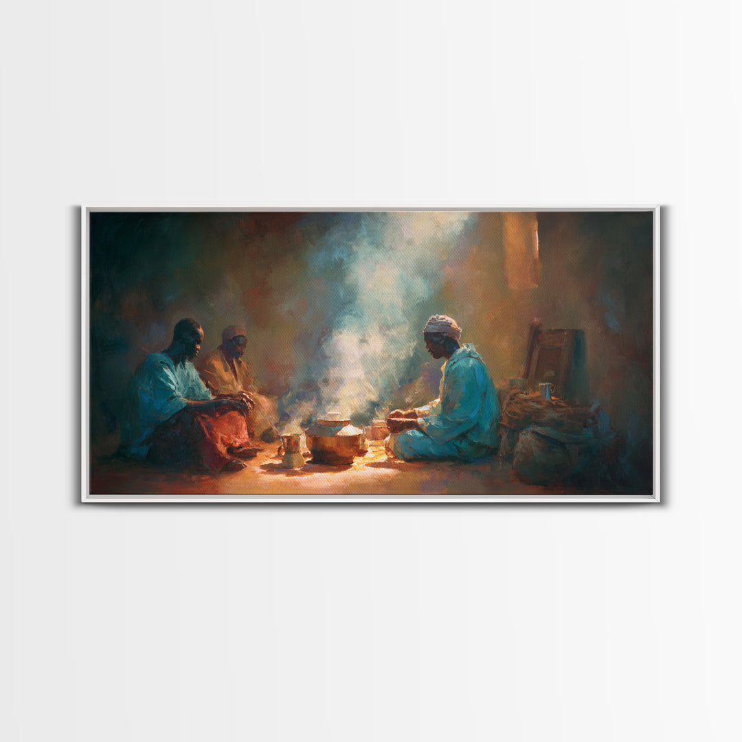 Smoky Hearth Tea Gathering Canvas Print, African Men In Blue Robes, Spiritual Culture Wall Art For Rustic Living Room Decor