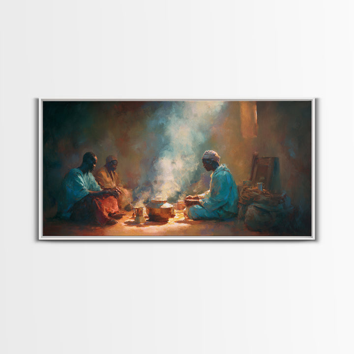 Smoky Hearth Tea Gathering Canvas Print, African Men In Blue Robes, Spiritual Culture Wall Art For Rustic Living Room Decor