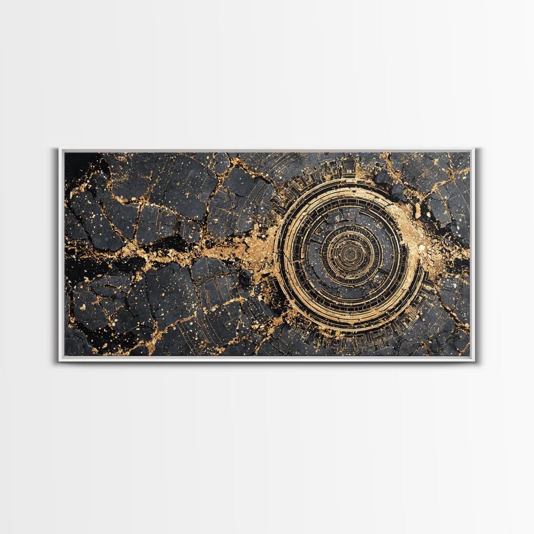 Cracked Obsidian Gold Mandala Canvas Print, African Abstract Art, Geometric Wall Decor, Luxury Modern Home Decor Gift For Him