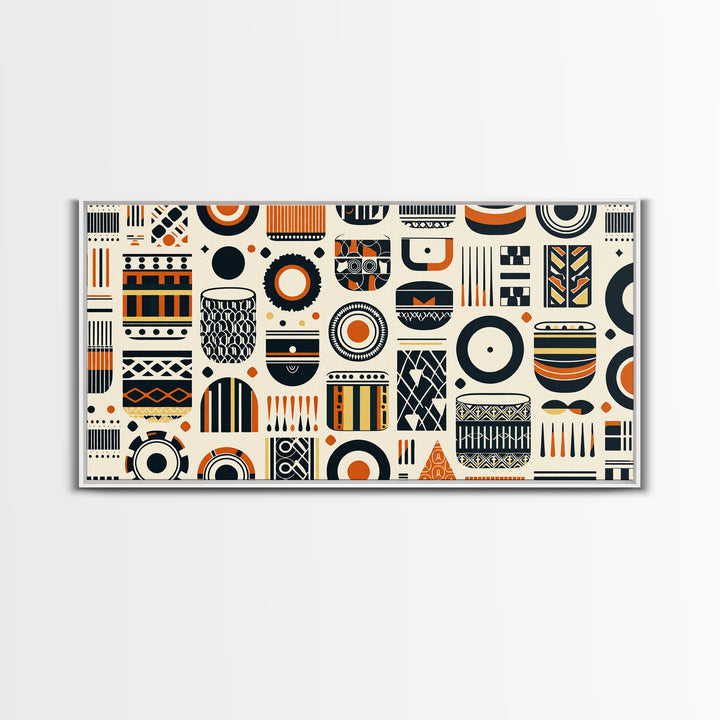 African Tribal Pattern Canvas Print, Black Orange Textile Wall Art, Afrocentric Geometric Decor, Boho Home Decor Gift For Living Room