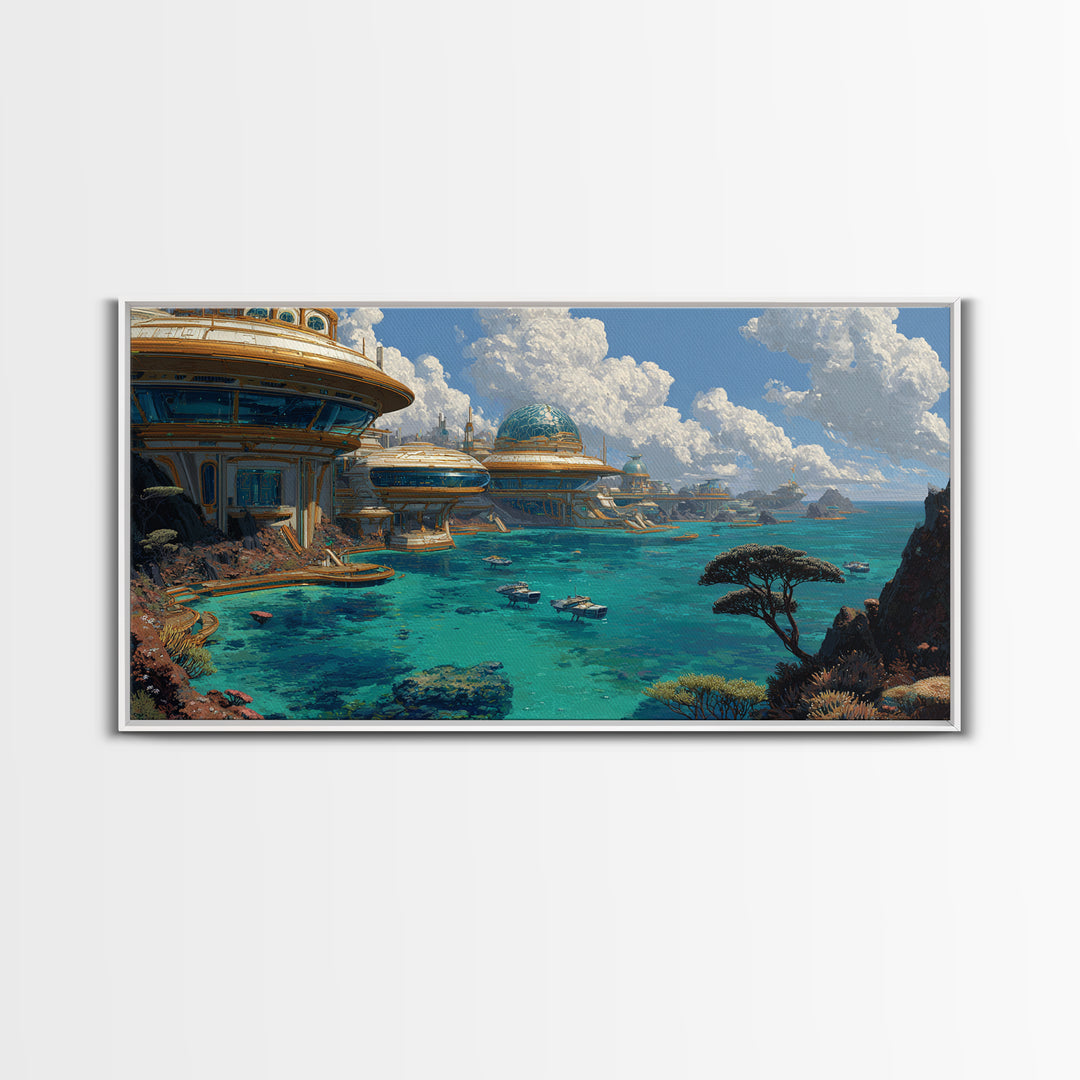 Afrofuturism Ocean City Framed Canvas Print, Futuristic African Coastal Wall Art, Turquoise Sci Fi Home Decor Gift For Office