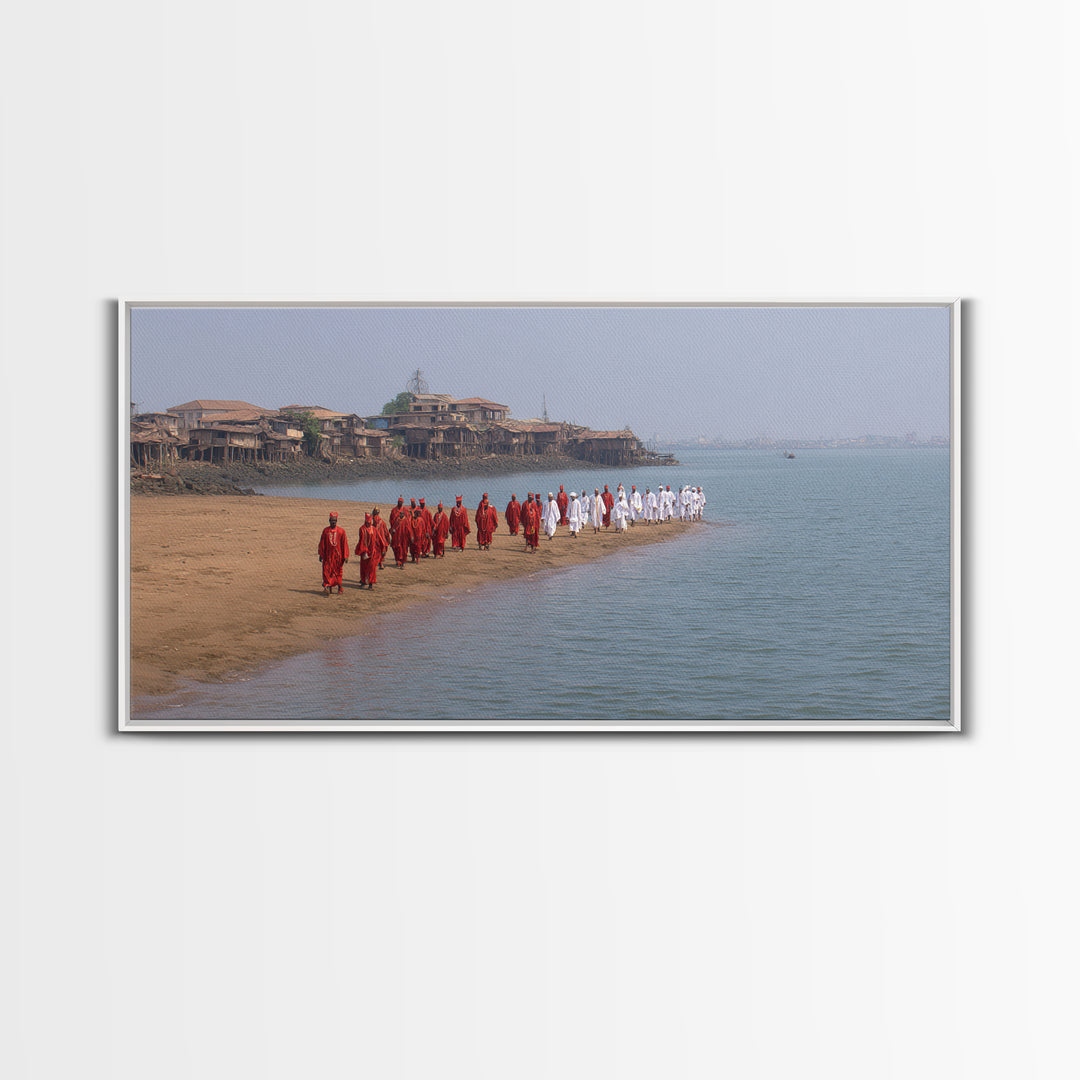 Red And White Beach Procession Wall Art, African Coastal Ceremony Canvas Print, Cultural Travel Decor For Living Room Gift