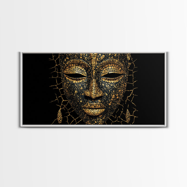 Gold Black African Mask Portrait Wall Art, Textured Tribal Mask Canvas Print, Elegant Afrocentric Decor, Luxury Home Decor