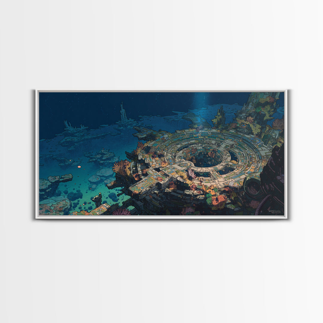 Underwater Futuristic City Wall Art, Sci Fi Ocean Ruins Canvas Print, Afrofuturism Decor, Blue Digital Art For Office Decor