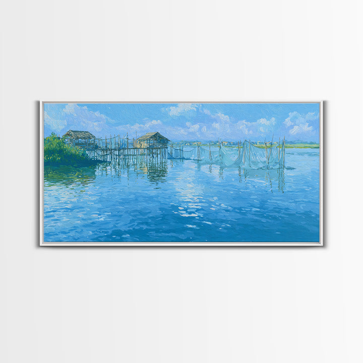 Blue Coastal Fishing Village Wall Art, Serene Water Landscape Canvas Print, Beach Art, Nature Scene Art, Living Room Decor