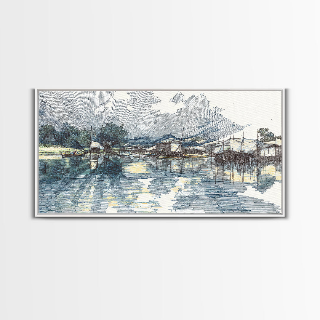 Ink Sketch Fishing Harbor Wall Art, Blue Coastal Village Canvas Print, Minimalist Art, Water Reflection, Office Decor Gift