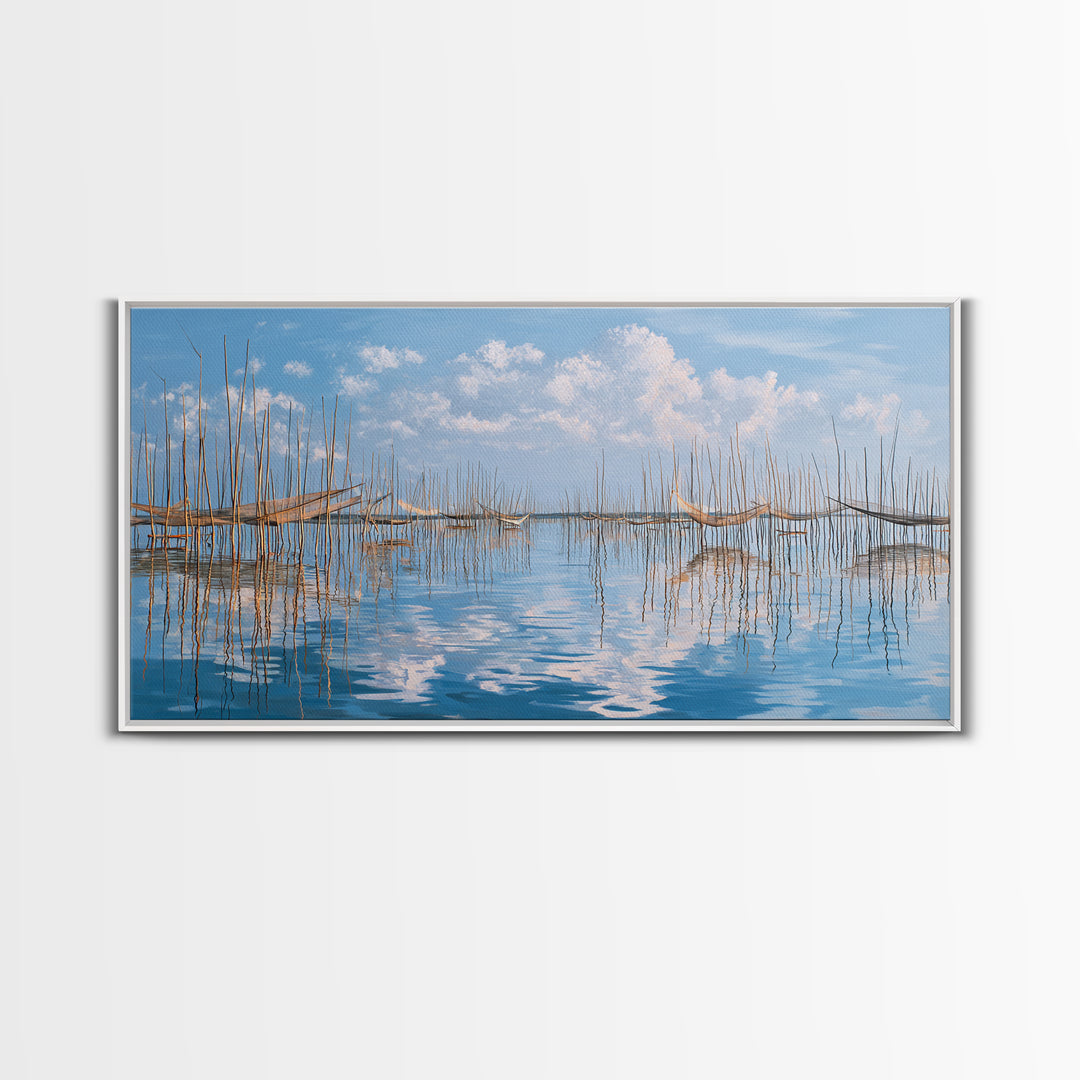 Peaceful Bamboo Fishing Poles Wall Art, Blue Water Landscape Canvas Print, Coastal Nature Scene Art, Elegant Living Room Decor