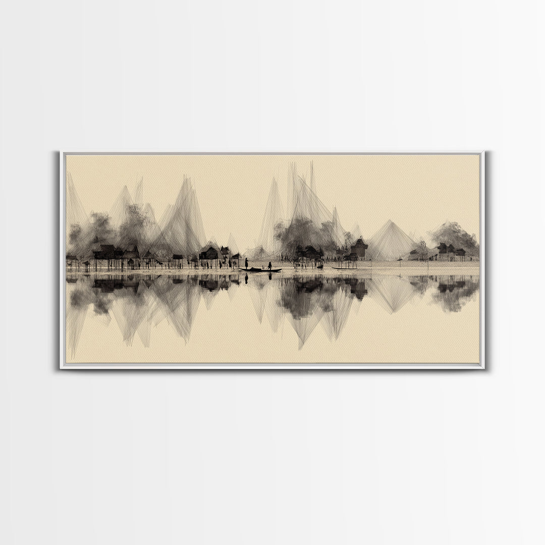 Sepia Ink Lakeside Village Reflections Wall Art, Minimalist Landscape Print, Serene Neutral Decor, Gallery Style Home Decor
