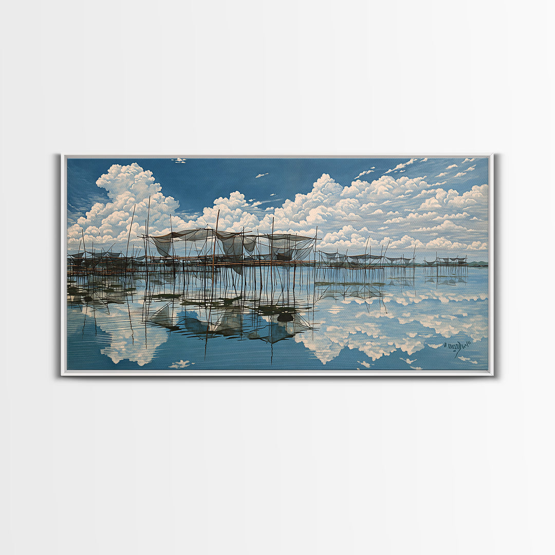 Bright Stilt House Lagoon Reflections Canvas Print, Coastal Sky Wall Decor, Blue Water Landscape Art, Serene Living Room Decor