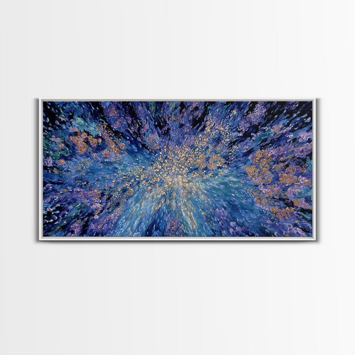 Blue Gold Cosmic Abstract Wall Art, Explosive Modern Canvas Decor, Textured Art Print, Dreamy Statement Living Room Decor