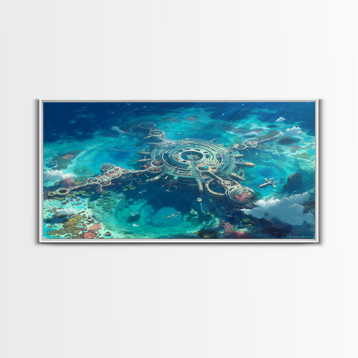 Futuristic Ocean City Aerial Canvas Print, Turquoise Sci Fi Island Wall Decor, Modern Digital Art, Unique Coastal Home Decor
