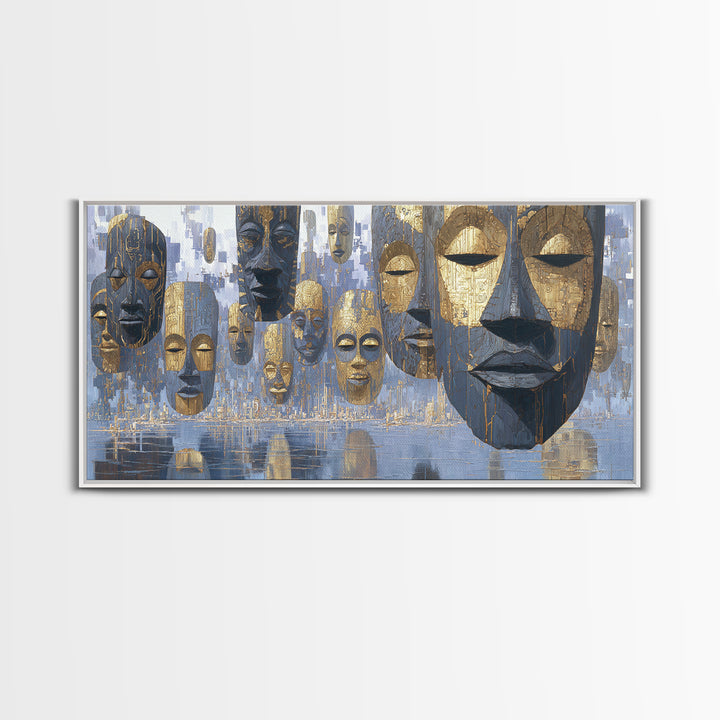 Floating African Mask Framed Canvas Print, Blue Gold Tribal Wall Decor, Modern African Art, Afrocentric Living Room Decor