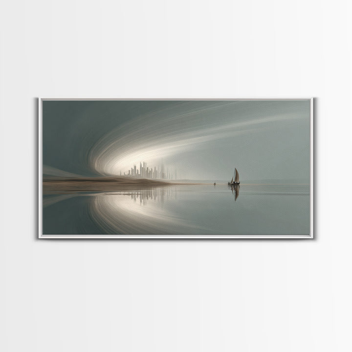 Misty Futuristic Sailboat Wall Art, Serene Coastal Skyline, Modern Minimalist Decor, Dreamy Landscape, Luxury Canvas Print