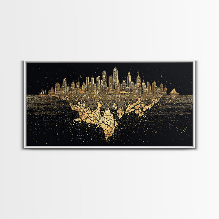 Gold Floating Skyline Wall Art, Black And Gold Art, Modern Cityscape Poster, Abstract Urban Decor, Statement Canvas Print