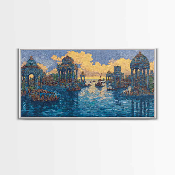 Blue Golden Temple Canal Wall Art, Ancient City Landscape, Cultural Art Print, Dreamy Water Decor, Contemporary Canvas Print
