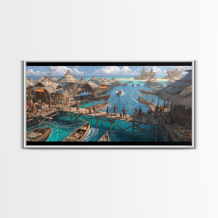 Tropical Stilt Village Wall Art, African Coastal Harbor, Fishing Boats, Teal Water Decor, Safari Travel Canvas Print, Unique Home Decor