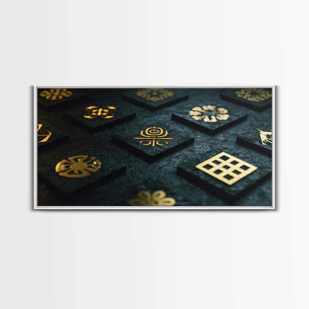 Gold Adinkra Symbols Wall Art, African Patterns Decor, Black And Gold Design, Spiritual Cultural Art, Framed Canvas Print