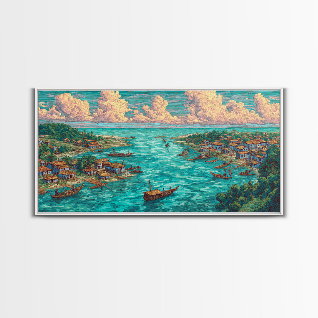 Turquoise Island Fishing Village Wall Art, African Coastal Landscape, Teal Water Decor, Nature Scene Art, Canvas Print Gift