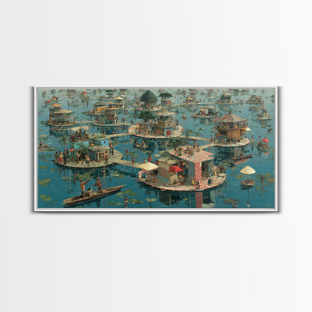 Floating Wetland Village Wall Art, African Water Landscape, Round Island Homes, Boho Coastal Decor, Unique Canvas Print Gift