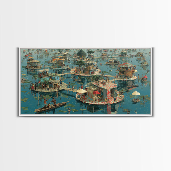 Floating Wetland Village Wall Art, African Water Landscape, Round Island Homes, Boho Coastal Decor, Unique Canvas Print Gift