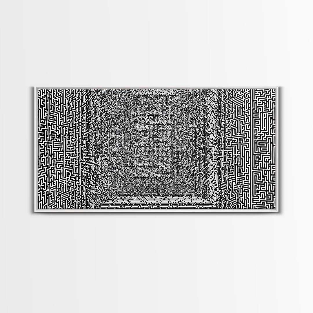 Black And White Optical Maze Room Wall Art, Abstract Geometric Pattern Print, Modern Minimalist Office Decor, Bold Canvas