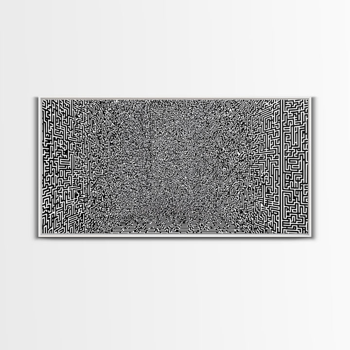 Black And White Optical Maze Room Wall Art, Abstract Geometric Pattern Print, Modern Minimalist Office Decor, Bold Canvas