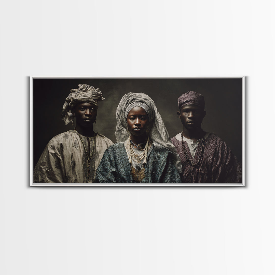 Regal African Trio Portrait Framed Canvas Print, Traditional Headwraps, Afrocentric Wall Decor, Black Culture Portrait Art Gift