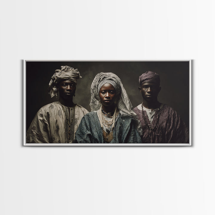 Regal African Trio Portrait Framed Canvas Print, Traditional Headwraps, Afrocentric Wall Decor, Black Culture Portrait Art Gift