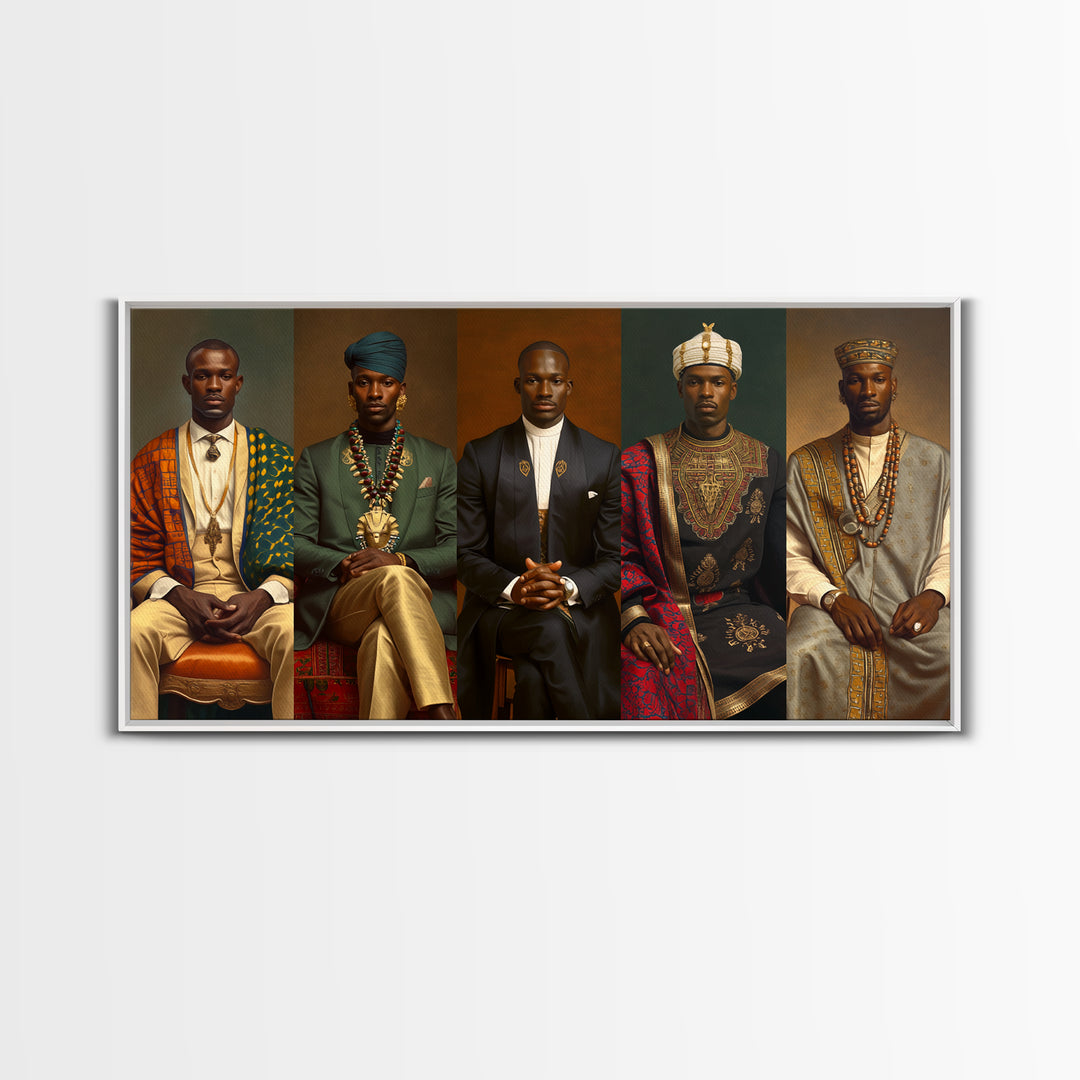 Five Regal African Kings Framed Canvas Print, Royal Portrait Wall Art, Black Men Cultural Decor, Afrocentric Home Decor Gift