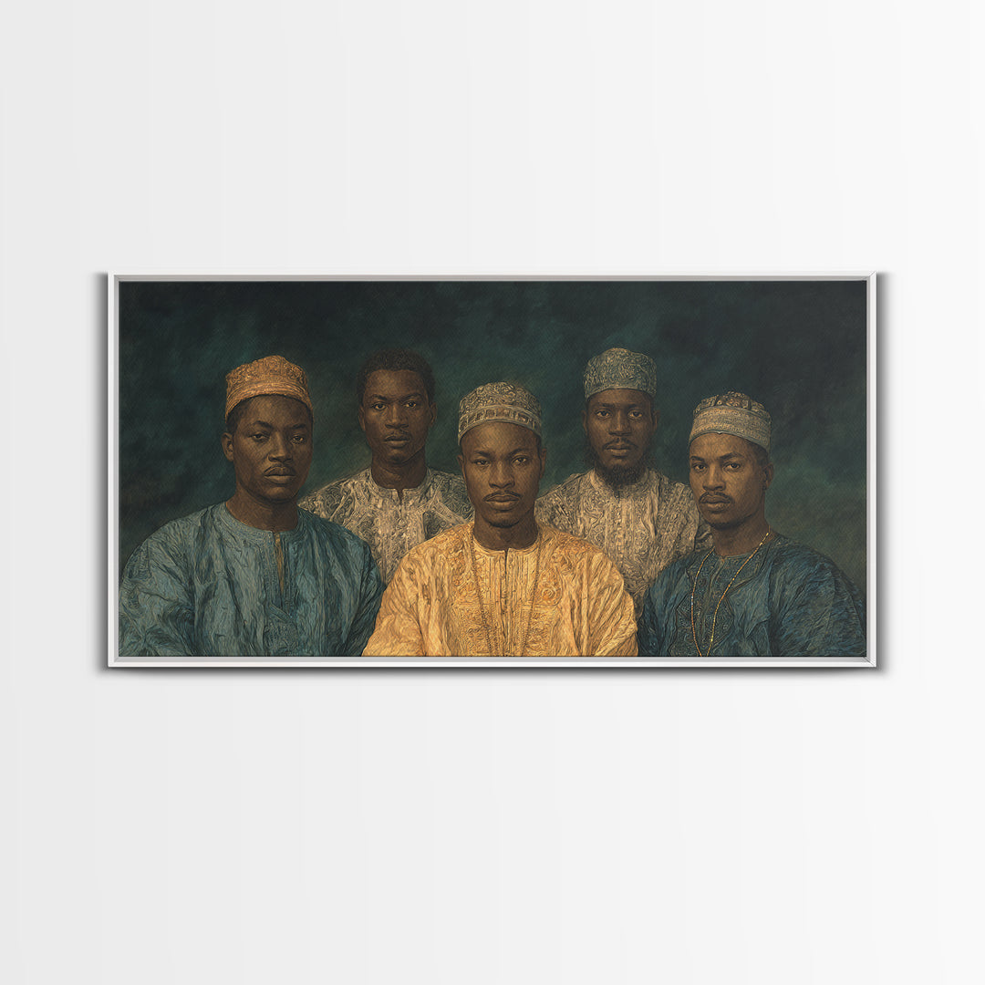 Five African Men In Gold Caps Framed Canvas Print, Textured Royal Portrait Wall Art, Blue Earth Tone Cultural Decor Gift