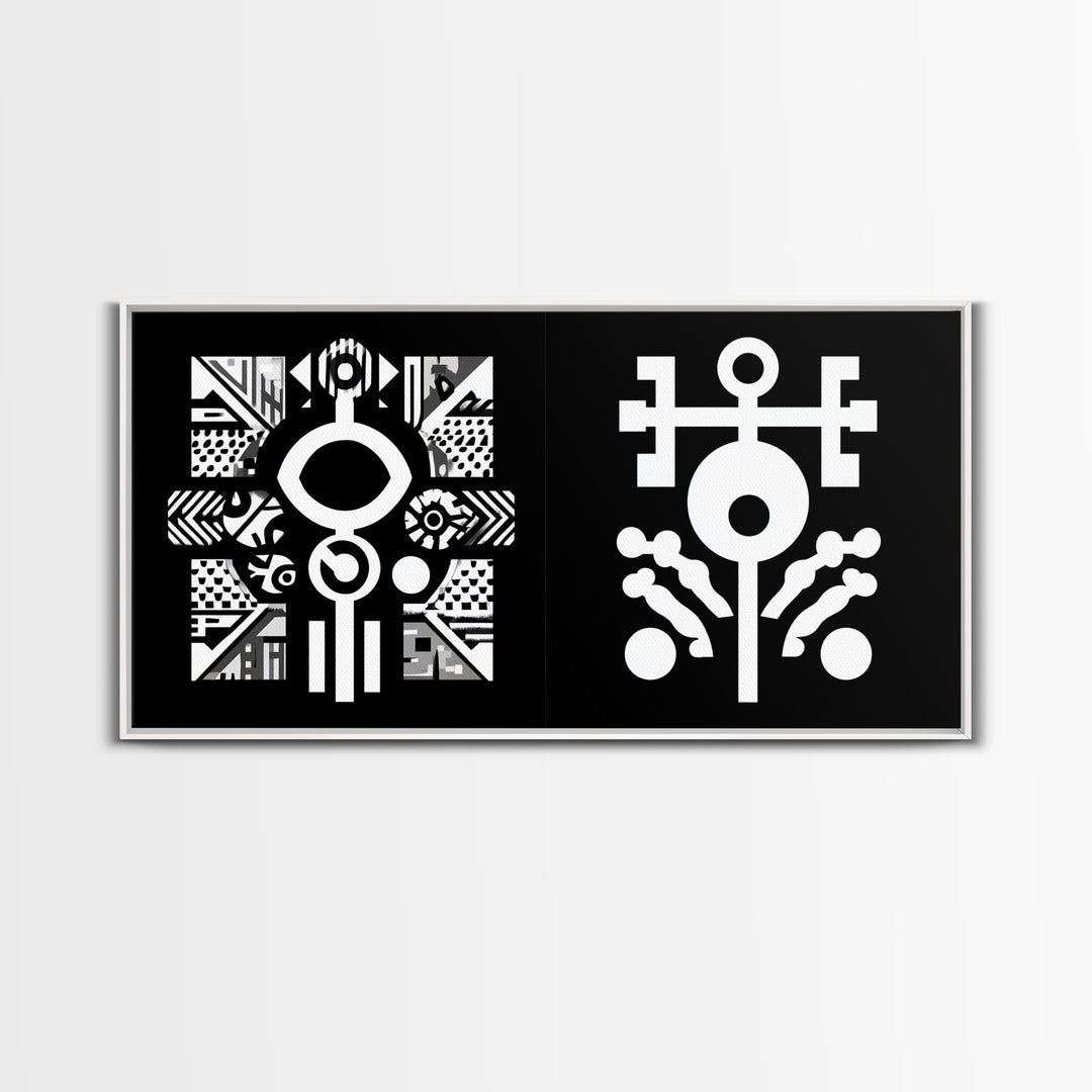 Black And White Adinkra Symbol Wall Art, African Tribal Abstract Canvas Print, Geometric Spiritual Decor, Bold Pattern Gift