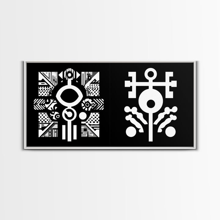 Black And White Adinkra Symbol Wall Art, African Tribal Abstract Canvas Print, Geometric Spiritual Decor, Bold Pattern Gift